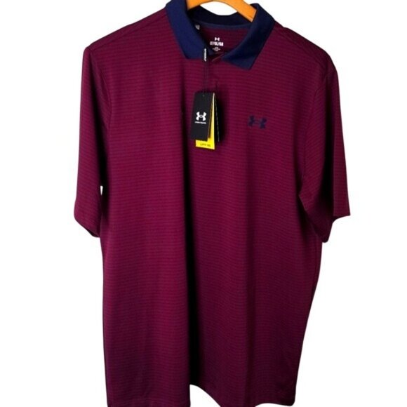 Under Armour L/Tall Polo Loose Fit UPF 50+ Burgundy Stripe 4-Way Stretch NWT - Picture 1 of 6